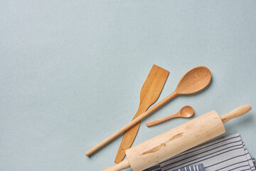 Top view of wooden kitchen tools