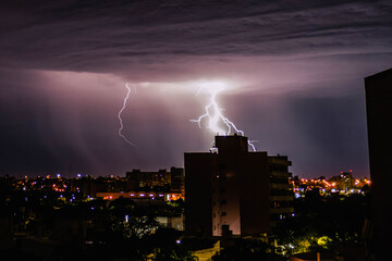 Lightning strikes the city of Cordoba Argentina in the middle of a strong storm