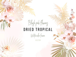 Trendy dried palm leaves, blush pink and ivory rose, pale protea, white orchid, gold monstera