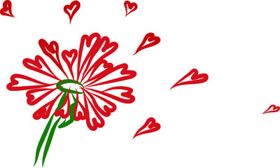 Vector illustration of a flower with petals in the form of a heart that loses its petals.