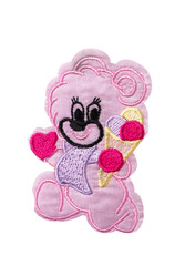 Pink cartoon animal with ice-cream patch isolated on white background