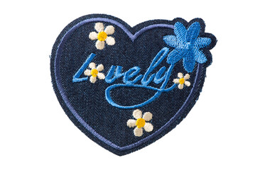 Blue denim patch with flowers and Lovely lettering