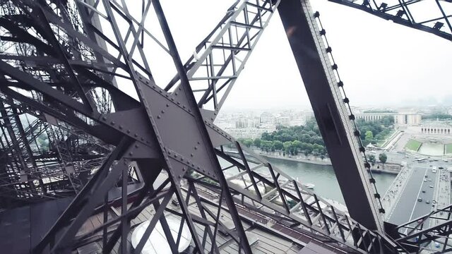 Eiffel Tower elevator, view of Paris from a high viewpoint