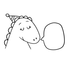 vector hand-drawn dinosaur in a festive hat. cute funny cartoon character. print, sticker, postcard, doodle, sketch. isolated on a white background. bubble for text