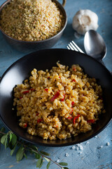 Bulgur pilaf with lentil (green, red and yellow) and vegetable. 