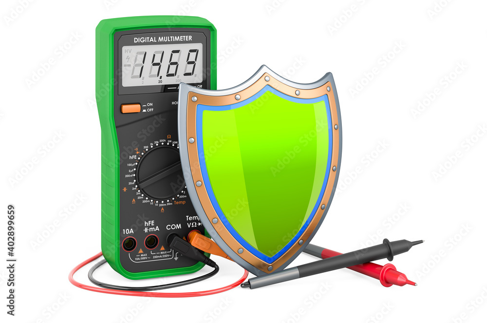 Poster digital multimeter with shield, 3d rendering