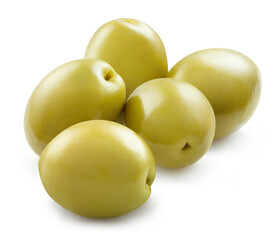 Delicious green olives, isolated on white background