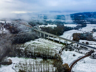 Aerial images made with drone after a snowfall Boveda inside of Ribeira Sacra in the south of Lugo in Galicia, Boveda