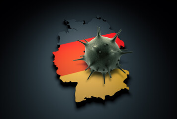Pandemic COVID-19 3d render concept: Coronavirus cell on Germany map covered with German flag. Conceptual 3d rendering of coronavirus.