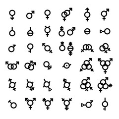 Vector Gender symbol set. Sexual human identity illustration. Bigender, agender, neutrois, asexual, lesbian, homosexual, bisexual sign orientation. LGDT pride. Black graphic icon collection isolated - 402900670