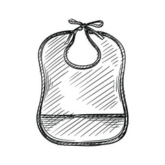 Hand drawn sketch of baby feeding bib on a white background. Black and white sketch of baby bib. Baby items.