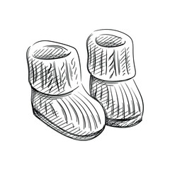 Hand drawn sketch of Knitted baby booties on a white background. Black and white sketch of Knitted booties. Baby items.