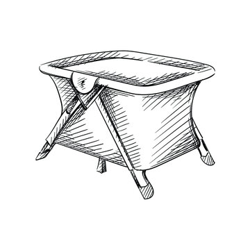 recommend clip art: Hand drawn sketch of playpen for babies on a white background. Black and white sketch of foldable playpen for kids. Baby items.