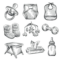 Hand drawn sketch set of baby and infants items. Pacifier, diapers, baby feeding bib, knitted baby booties, bed carousel, hanging rattle, noise rattle, playpen, wet wipes, milk bottle with pacifier. - 402901053