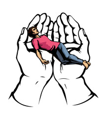 The exhausted man in praying hands. Vector drawing