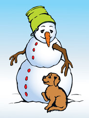 Snowman and dog. Vector drawing.