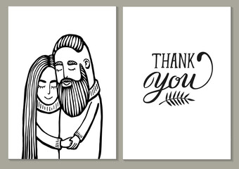 cards of cute couple. Doodle. Vector Illustration Hand drawn cartoon character. Hipster man with mustache, beard with girl.