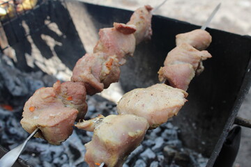 barbecued meat or grilled chicken skewer fried on charcoal rest in summer