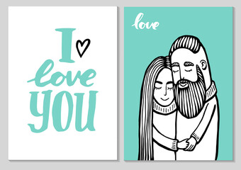 cards of cute couple. Doodle. Vector Illustration Hand drawn cartoon character. Hipster man with mustache, beard with girl.