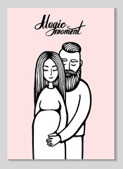 Pregnancy couple cards. Silhouette of couple. Background with pregnant woman and her husband. Hipster family