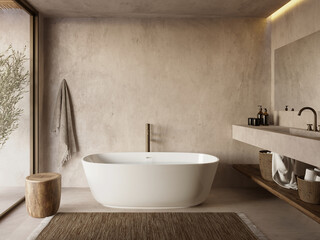 3d rendering of a Mykonos minimal concrete bathroom with a bathtub and the Aegean luxurious style - obrazy, fototapety, plakaty