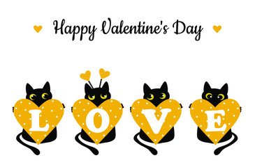 Black cat and a yellow heart with polka dots. Valentine's Day greeting card. Pattern for fashion prints on cups, textiles, clothes, notebooks. Vector illustration.