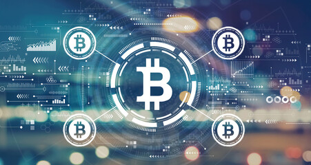 Bitcoin theme with blurred city abstract lights background