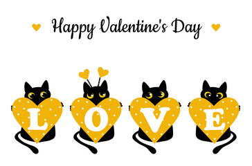 Black cat and a yellow heart with polka dots. Valentine's Day greeting card. Pattern for fashion prints on cups, textiles, clothes, notebooks.