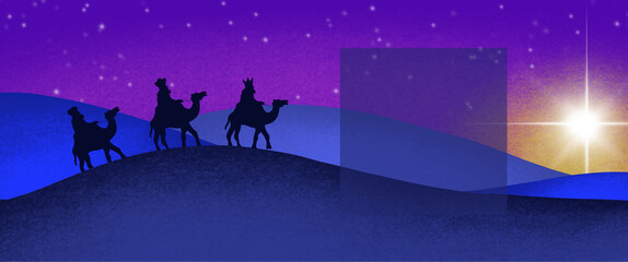 Święto Trzech Króli - trzej królowie na wielbłądach na pustyni, gwiazda, miejsce na napis