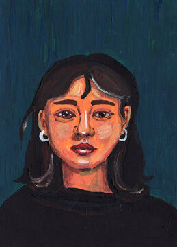 Hand Drawn Portrait Of Girl. Aged 18-25. Asian Young Lady. Black Shoulder-length Hair. Yellow Skin. Acrylic, Oil And Gouache Painting. Dark Turquoise Textured Background. For Posters And Postcards