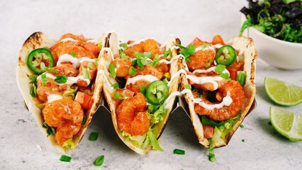 Bang Bang shrimp Tacos on soft taco shell