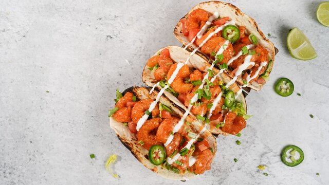 Bang Bang shrimp Tacos on soft taco shell