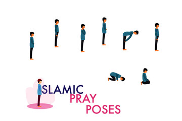 islamic pray poses. Muslim prayer means in different languages as salat or wudu or namaz.