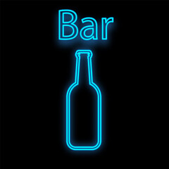 Bright luminous blue neon sign for cafe restaurant bar beautiful shiny with a beer bottle on a black background. illustration