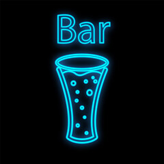 Bright luminous blue neon sign for cafe bar restaurant beautiful shiny with a beer mug on a black background. illustration