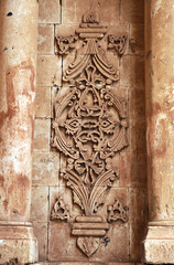 Stone carving on Ishak Pasha Palace at Dogubeyazit in Agri, Turkey. The palace is built on a hill at the side of a mountain 5 km east of Dogubeyazit.