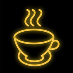 Bright luminous yellow neon sign for cafe bar restaurant pub beautiful shiny with tea mug on black background. illustration