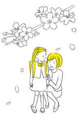 
手描き1color 　入学式　桜と母親と娘