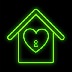 Bright luminous green festive digital neon sign for a store or postcard beautiful shiny with a love house with a heart on a black background. illustration