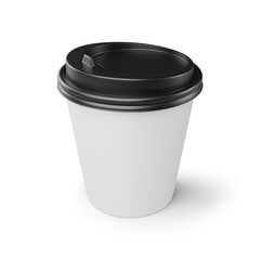 White coffee paper cup with black lid isolated on white. 3d rendering mock up.