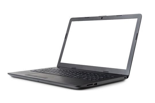 Black laptop computer with blank display isolated in white.