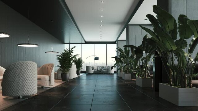 Spacious modern restaurant. Interior of cozy and contemporary restaurant. Empty restaurant. 3d visualization