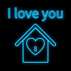 Bright luminous blue festive digital neon sign for a store or card beautiful shiny with a love house with a heart on a black background and the inscription I love you. illustration