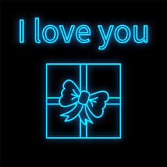 Bright luminous blue festive digital neon sign for a store or card beautiful shiny with a love gift box on a black background and the inscription I love you.  illustration