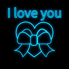 Bright luminous blue festive digital neon sign for a store or card beautiful shiny with a love heart with a bow and the inscription I love you on a black background. illustration