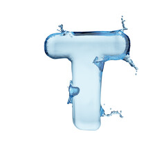 Letter T water splash alphabet isolated on white. 3D rendering illustration.