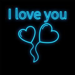 Bright luminous blue festive digital neon sign for a shop or workshop service center beautiful shiny with a love envelope in a heart-shaped balloon on a black background. illustration