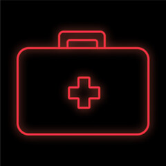 Obraz premium Bright luminous red medical digital neon sign for a pharmacy or hospital store beautiful shiny with a first aid kit and the inscription medicine on a black background. illustration