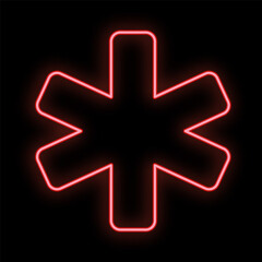 Bright luminous red medical digital neon sign for a pharmacy or hospital store beautiful shiny with an ambulance sign on a black background. illustration