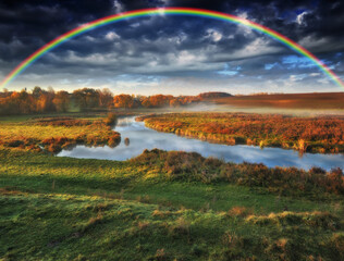 Amazing rainbow over the small rural river. autumn morning
